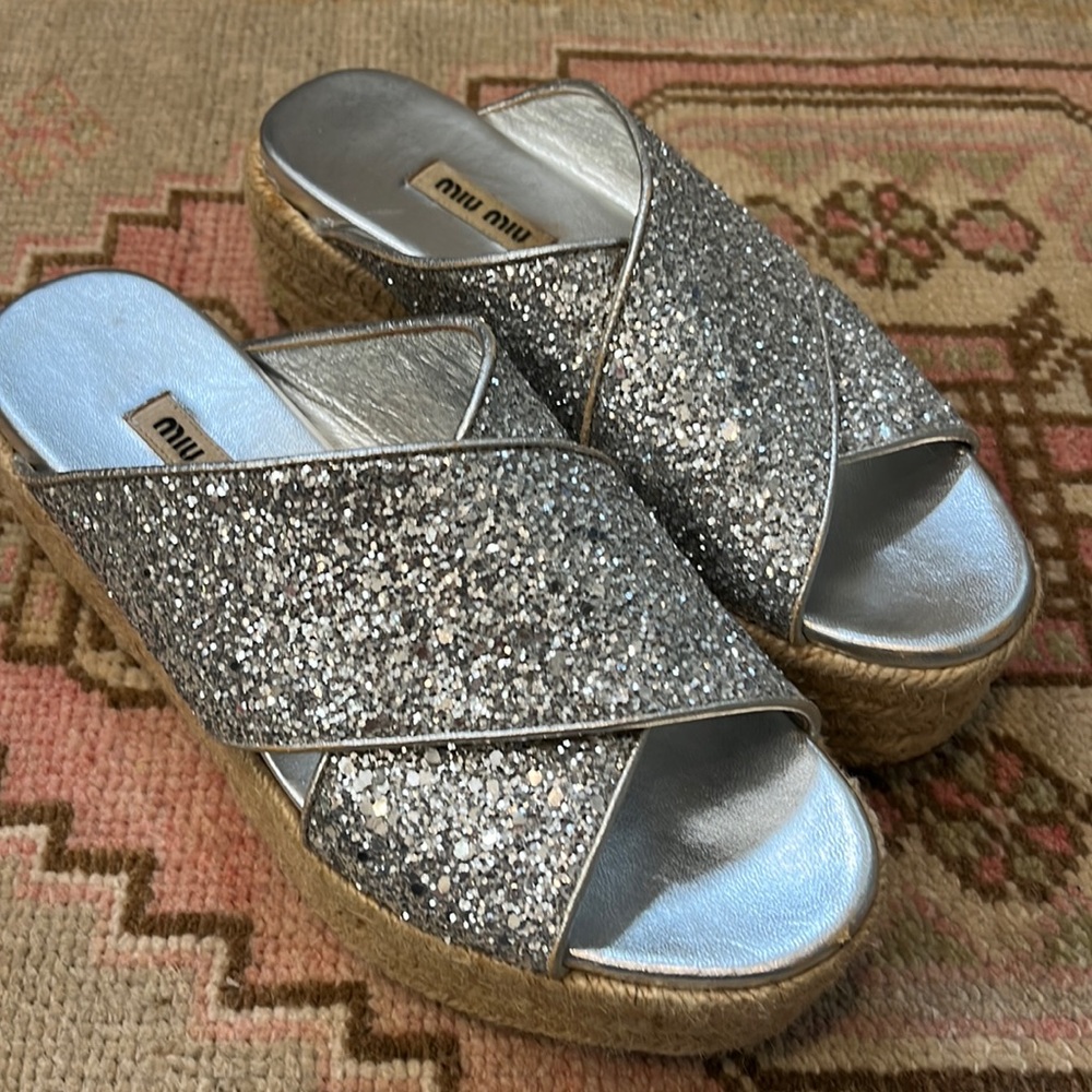 Miu Miu Silver Glitter Espadrille Wedge Slides